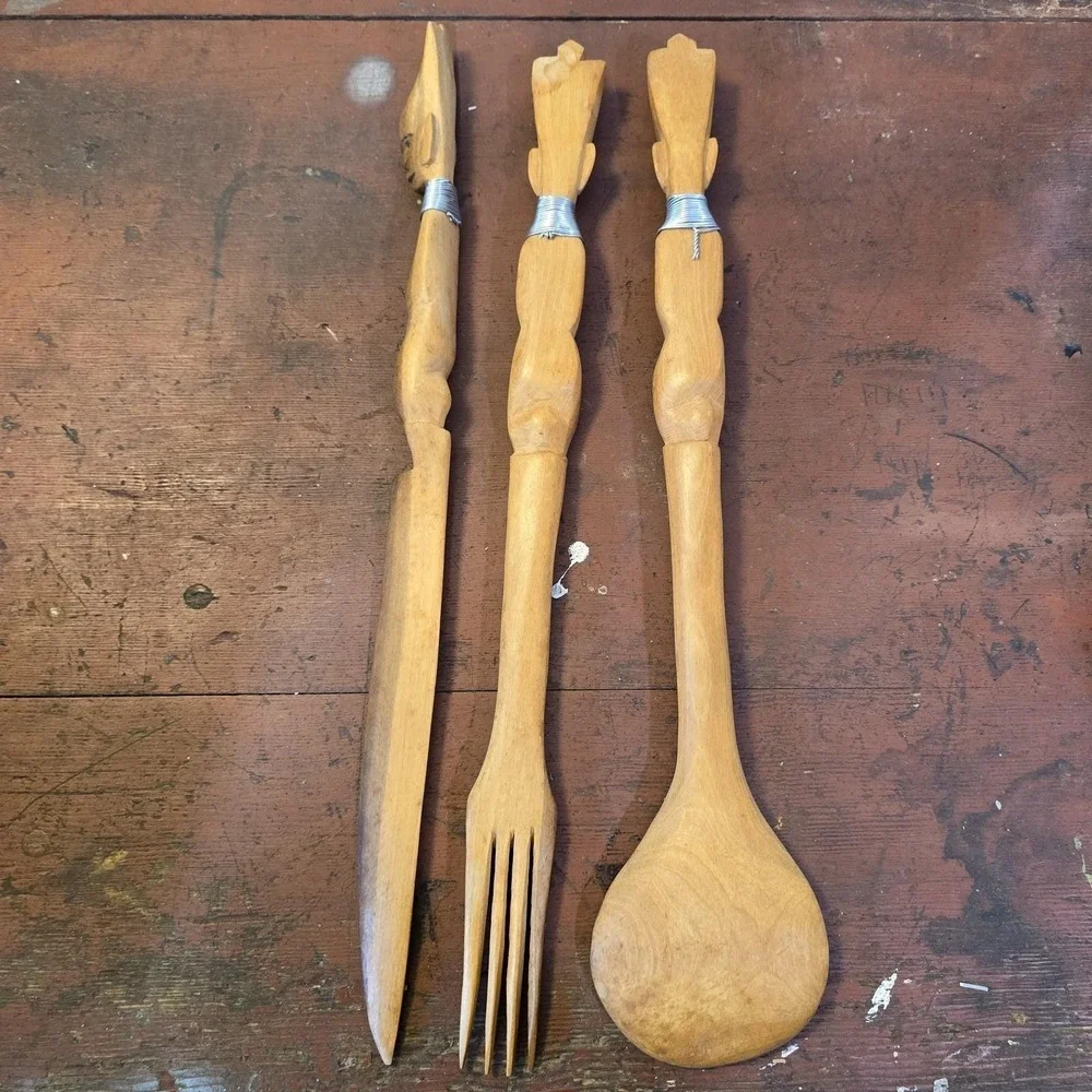 Vintage Hand Carved‎ Wooden Utensil Set Tribal African Decor Art Spoon Fork